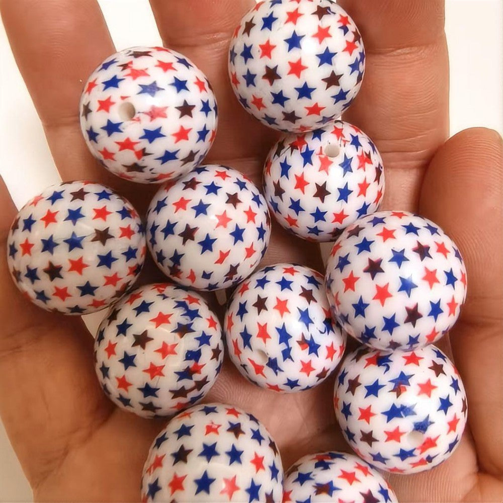 Independence Day 20mm Bubblegum Beads Acrylic Star Print 10pcs 2
