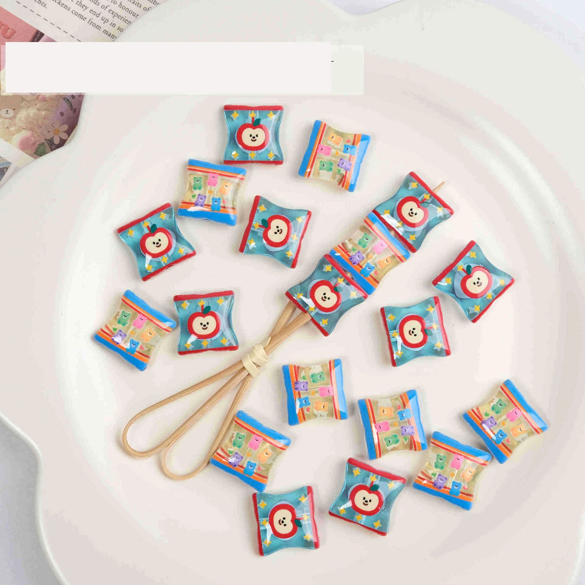 Square Acrylic Beads 17mm Apple Snack Bag Design 10pcs 2