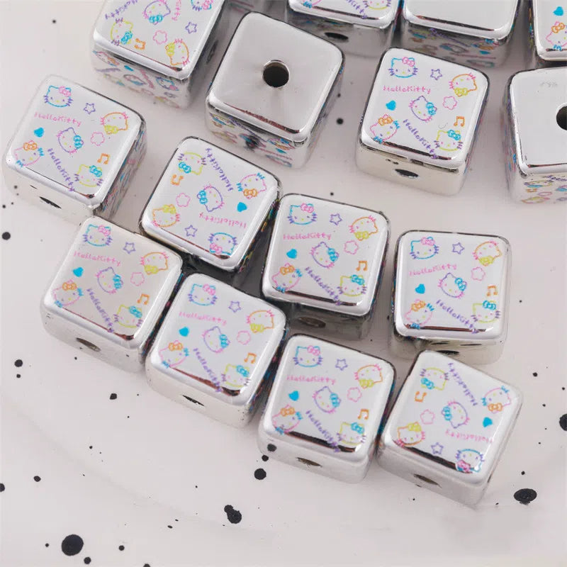 Silver Hello Kitty Printed Acrylic Square Beads 15mm 10pcs 2