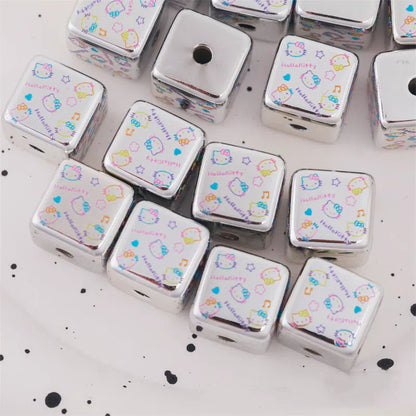 Silver Hello Kitty Printed Acrylic Square Beads 15mm 10pcs 2