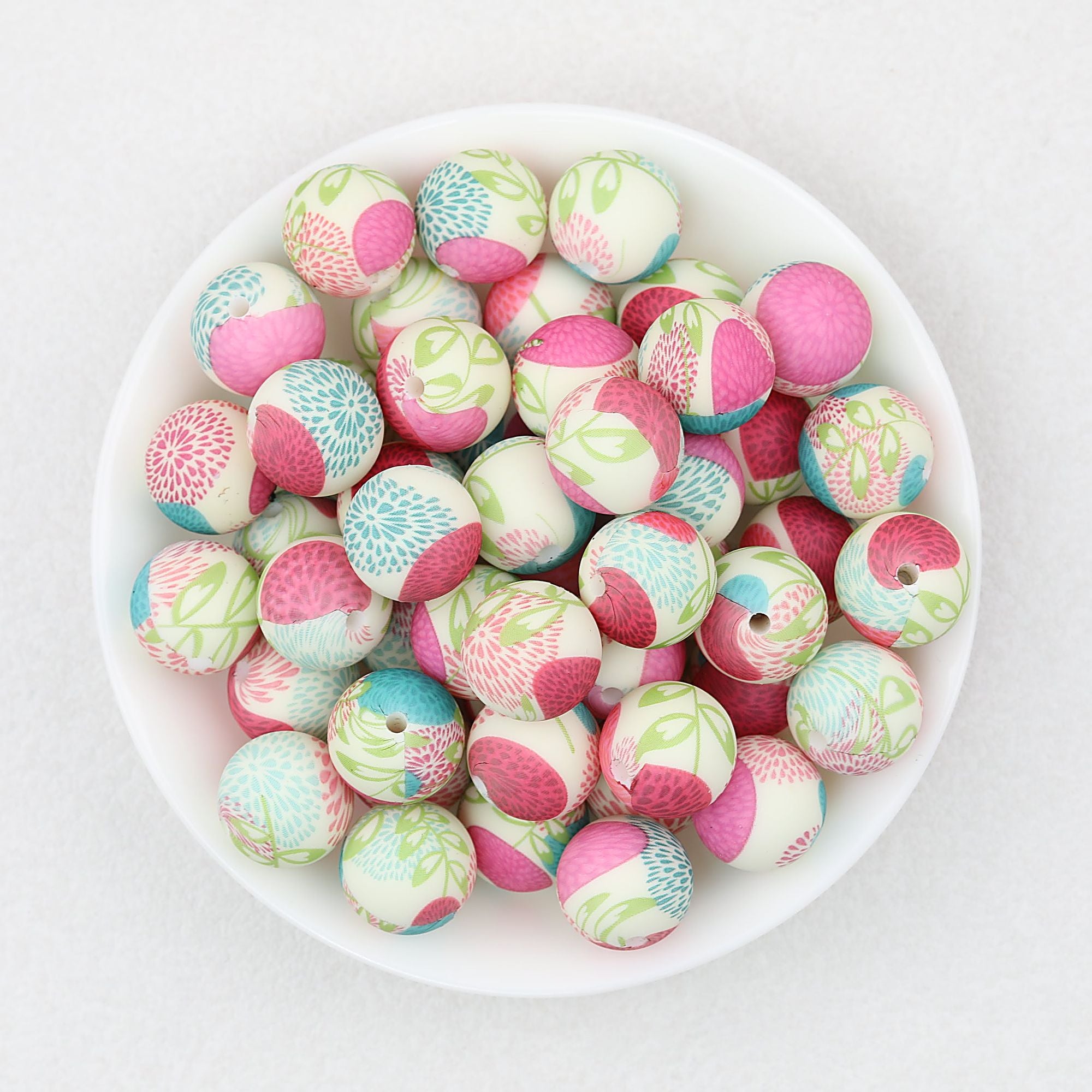 15mm Floral Pattern Silicone Beads Pastel Print 50pcs - Spirit Lady