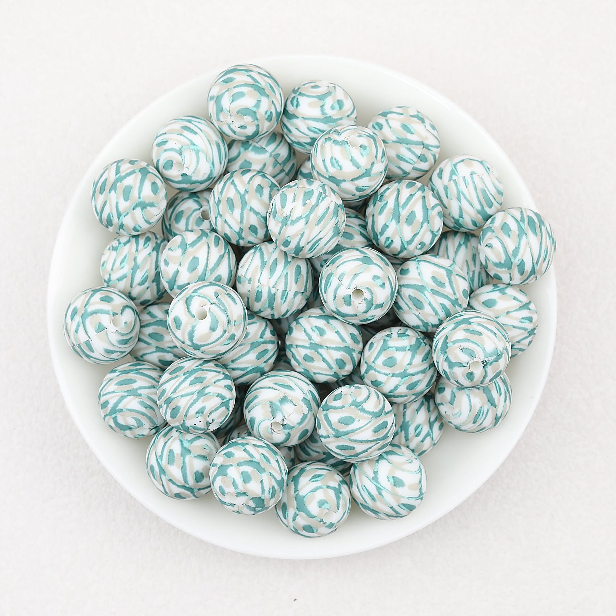 15mm Patterned Silicone Round Beads Geometric Printed Designs 50pcs - Swirl