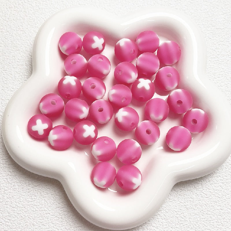 Frosted Round Acrylic Beads 16mm Bicolor White Cross 10pcs 8