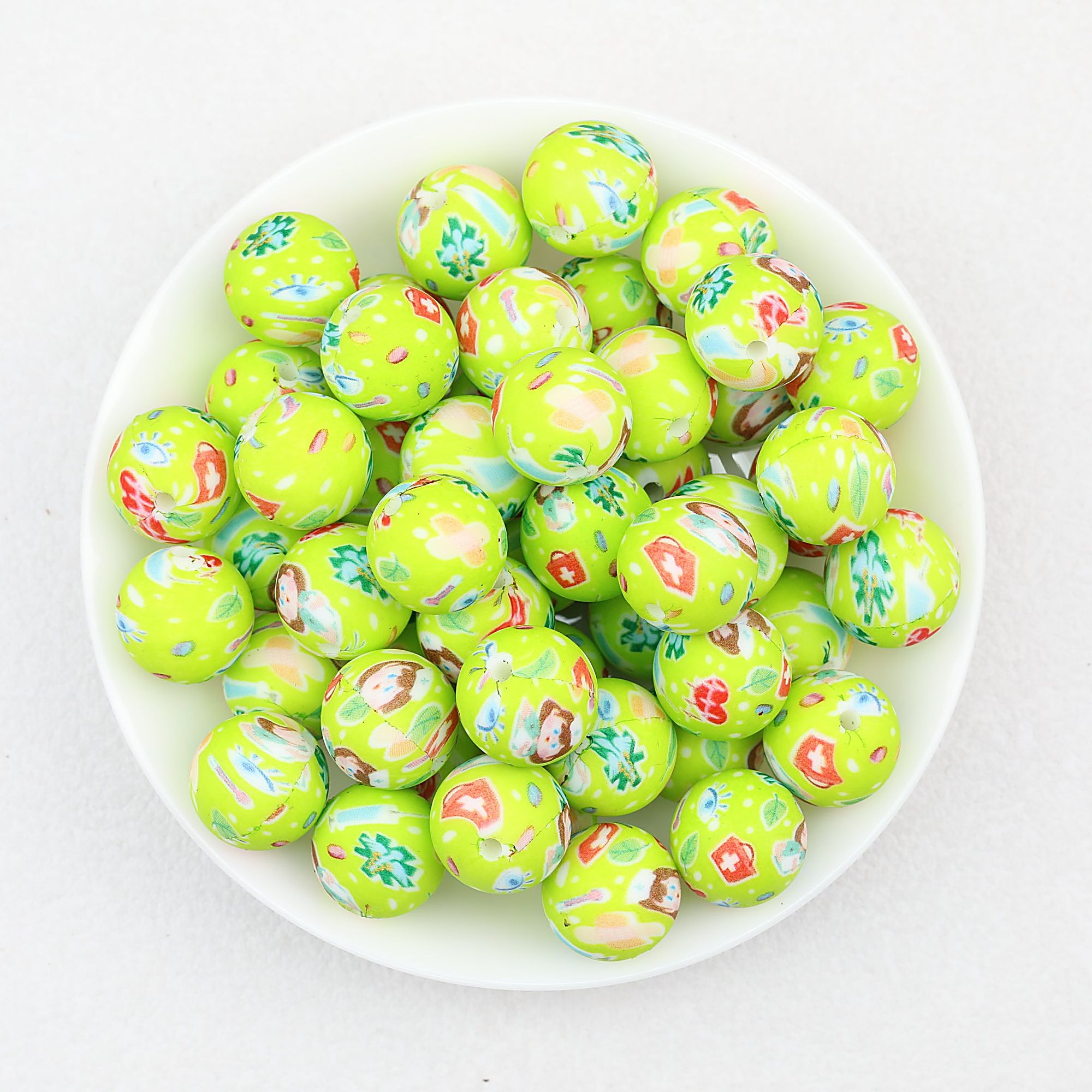 Nurse Theme 15mm Printed Silicone Beads 50pcs - Green