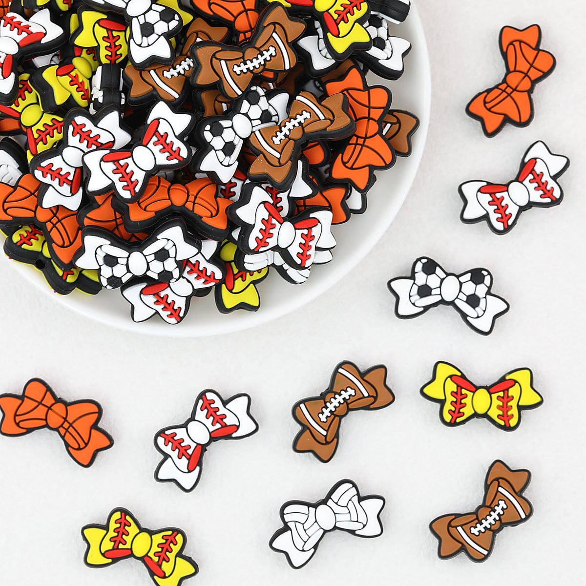 Sports Bow Silicone Focal Beads with Baseball Soccer Volleyball Football 20pcs