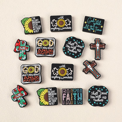 Silicone Focal Beads Jesus Faith Cross With Holly Cardinal 20pcs 7