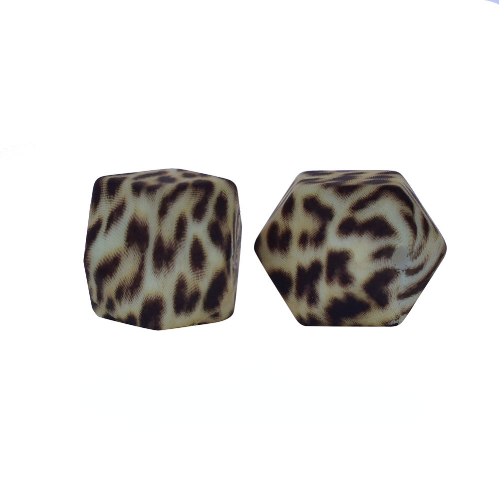 14mm Hexagon Silicone Beads Printed Camouflage Leopard Design 50pcs