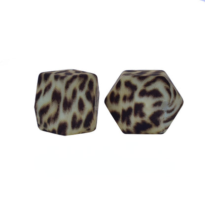14mm Hexagon Silicone Beads Printed Camouflage Leopard Design 50pcs