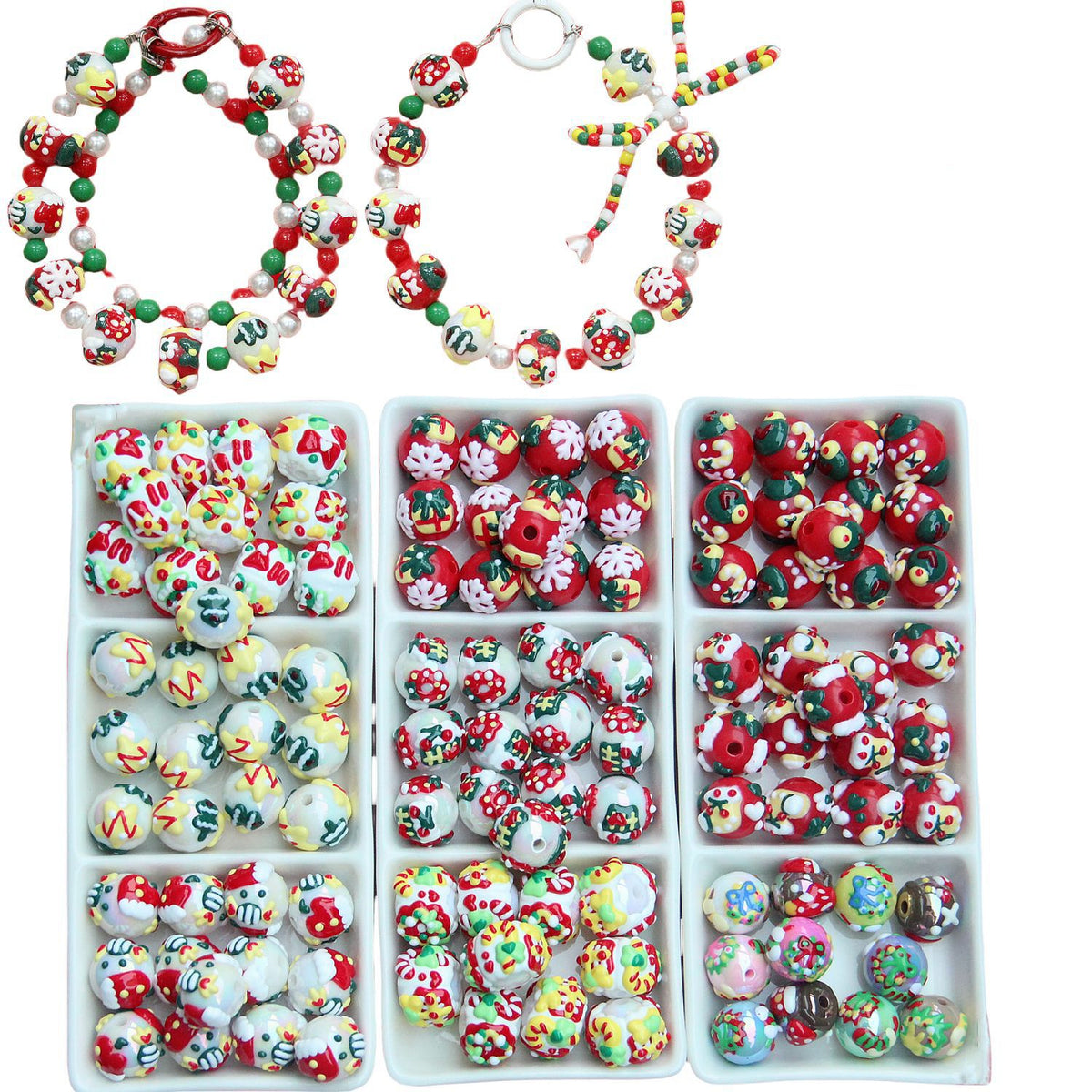 Hand Painted Christmas Wreath and Snowflake Acrylic Beads 18mm 10pcs 2