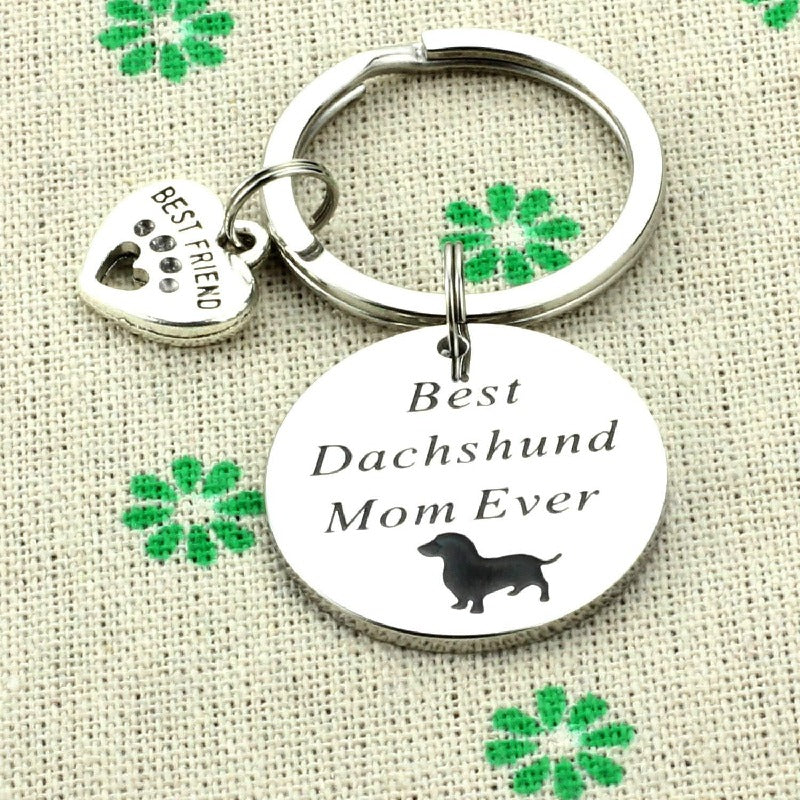 Dachshund Dog Keychain Stainless Steel Engraved Paw Print Charm 3