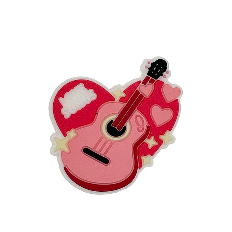 Silicone Focal Beads Valentine Pink Guitar with Hearts and Stars 20pcs
