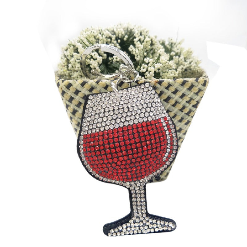 Diamond Wine Glass Keychain Red Crystal Zinc Alloy Sparkling Charm