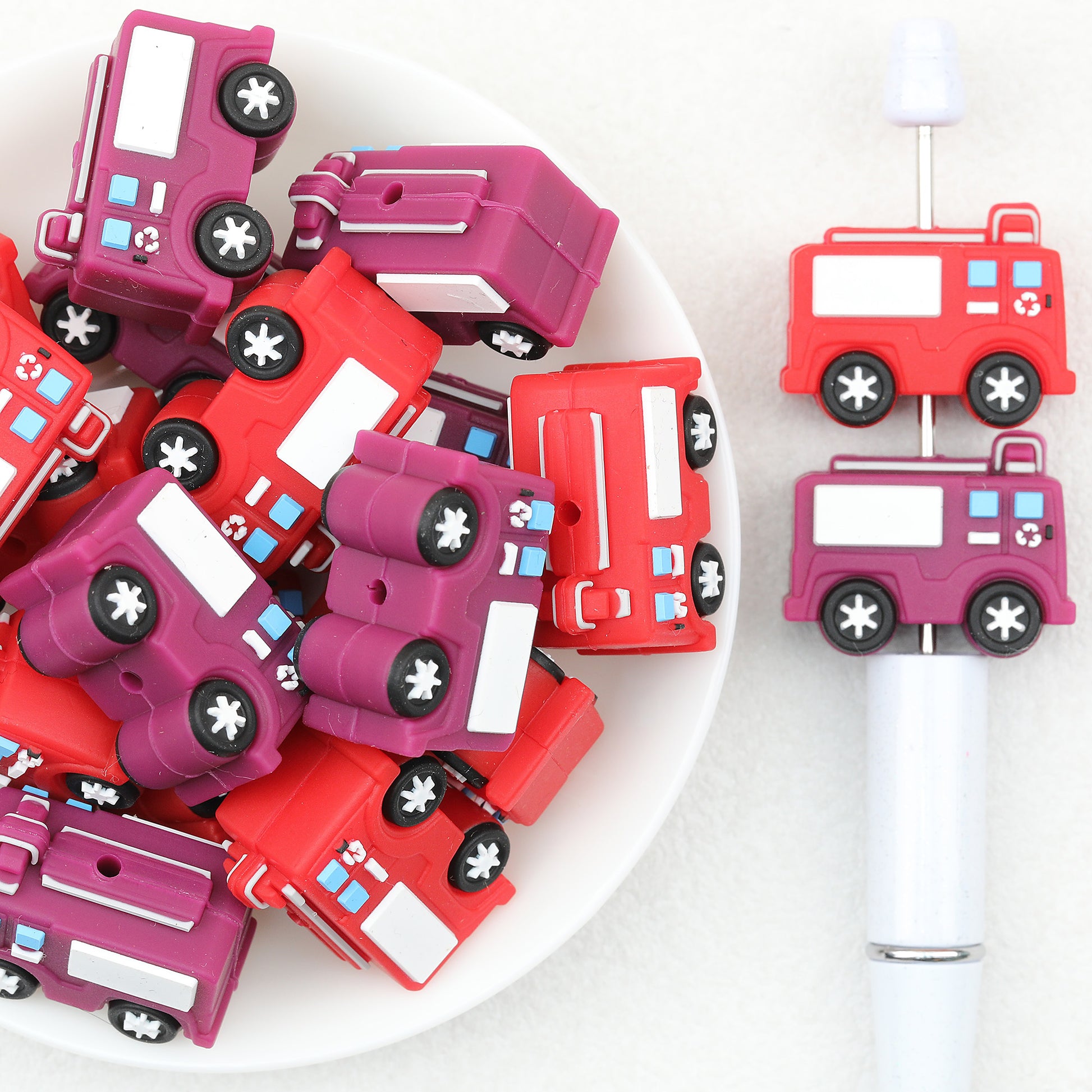 3D Red Fire Truck Silicone Focal Beads 20pcs