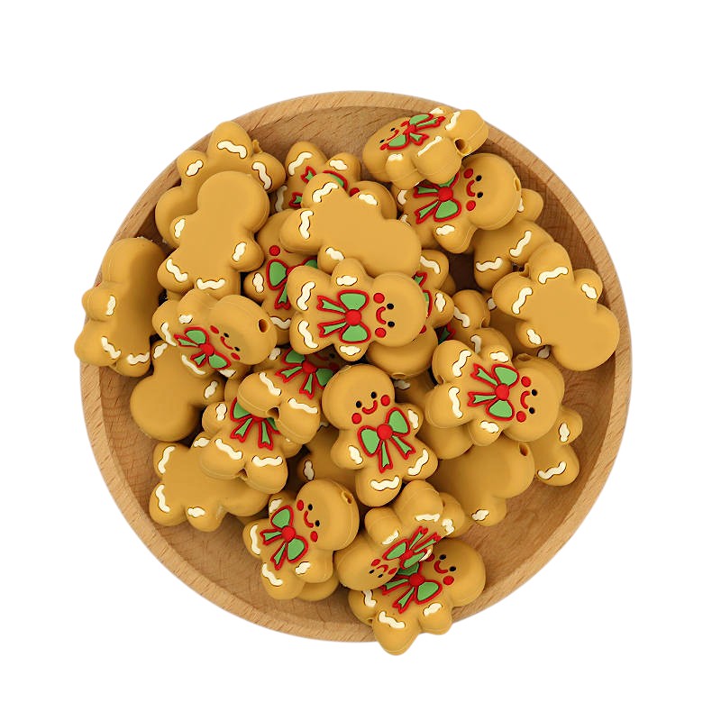 Silicone Focal Beads Christmas Gingerbread Man Bowknot Detail 20pcs 3