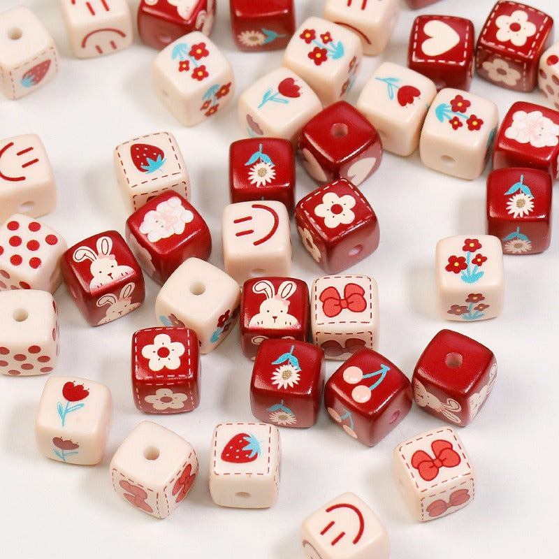 Heart Flower Square Acrylic Beads 14mm Colorful Pattern 10pcs 3