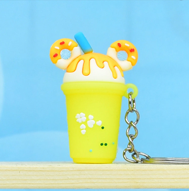 Soft Rubber Milk Tea Drink Keychain with Donut Ears and Dripping Tops 6