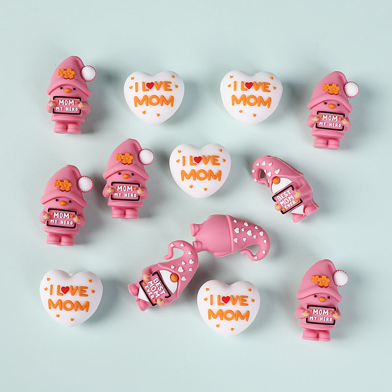 Silicone 3D Focal Beads Mothers Day Pink Hat Gnome Holding Sign 5