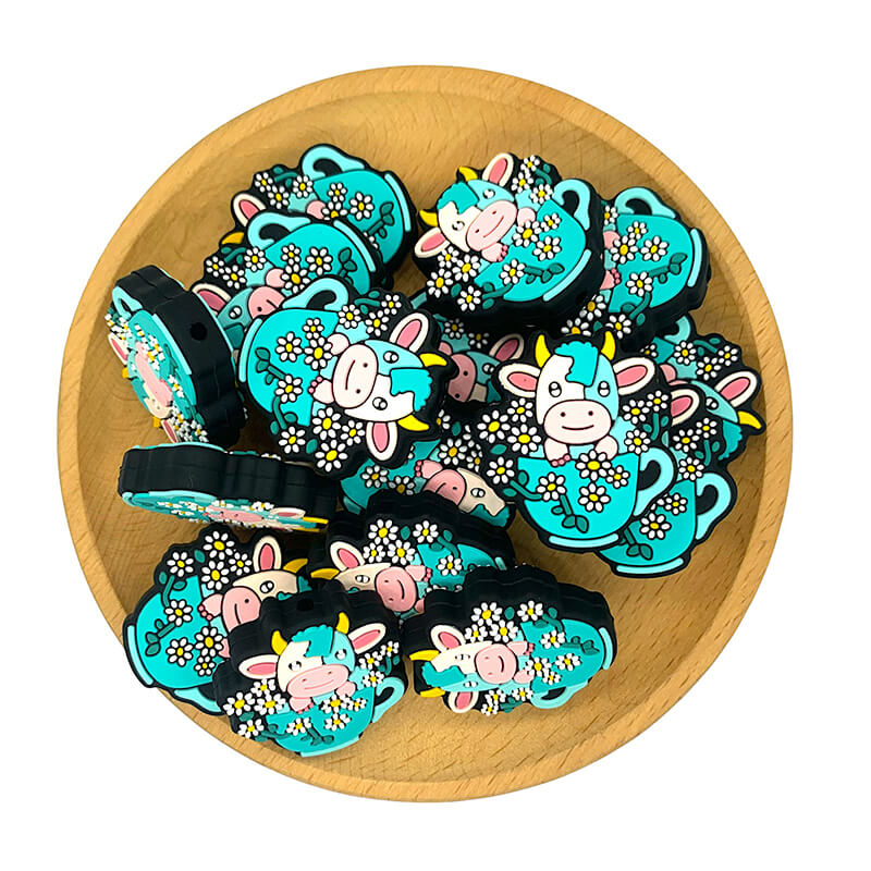 Silicone Focal Beads Cow Cattle Holding Daisy Pastel Turquoise Teacup 20pcs 2