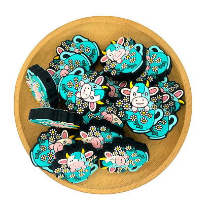 Silicone Focal Beads Cow Cattle Holding Daisy Pastel Turquoise Teacup 20pcs 2