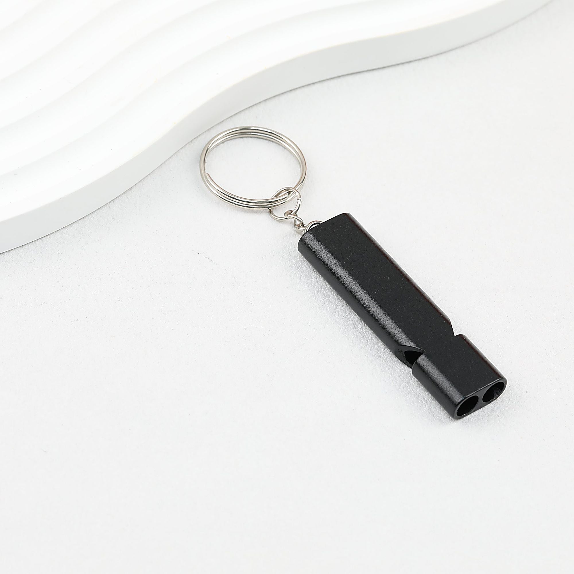 Survival Whistle Keychain Flat Aluminum Alloy Double Tube Self Defense - Black