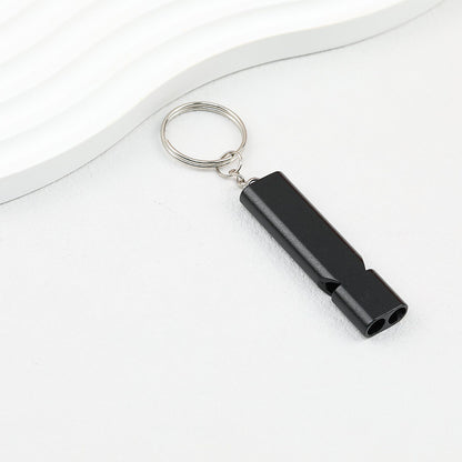 Survival Whistle Keychain Flat Aluminum Alloy Double Tube Self Defense - Black