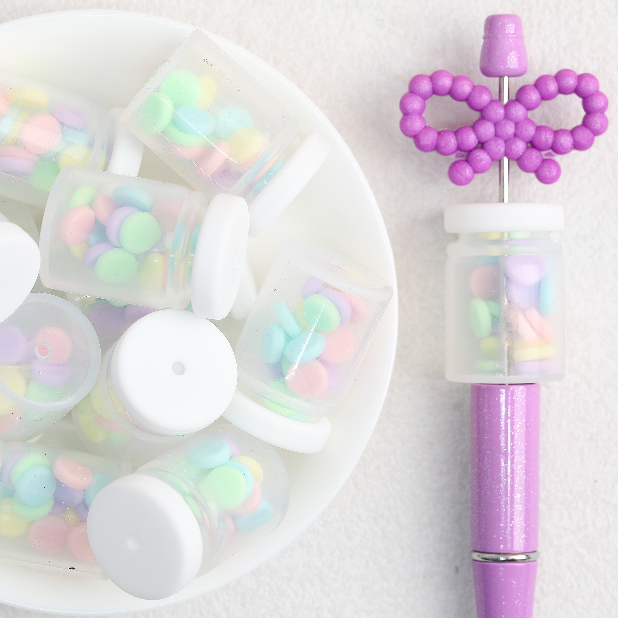 3D Candy Bottle Silicone Focal Beads Wholesale, Pastel Purple Glitter Design