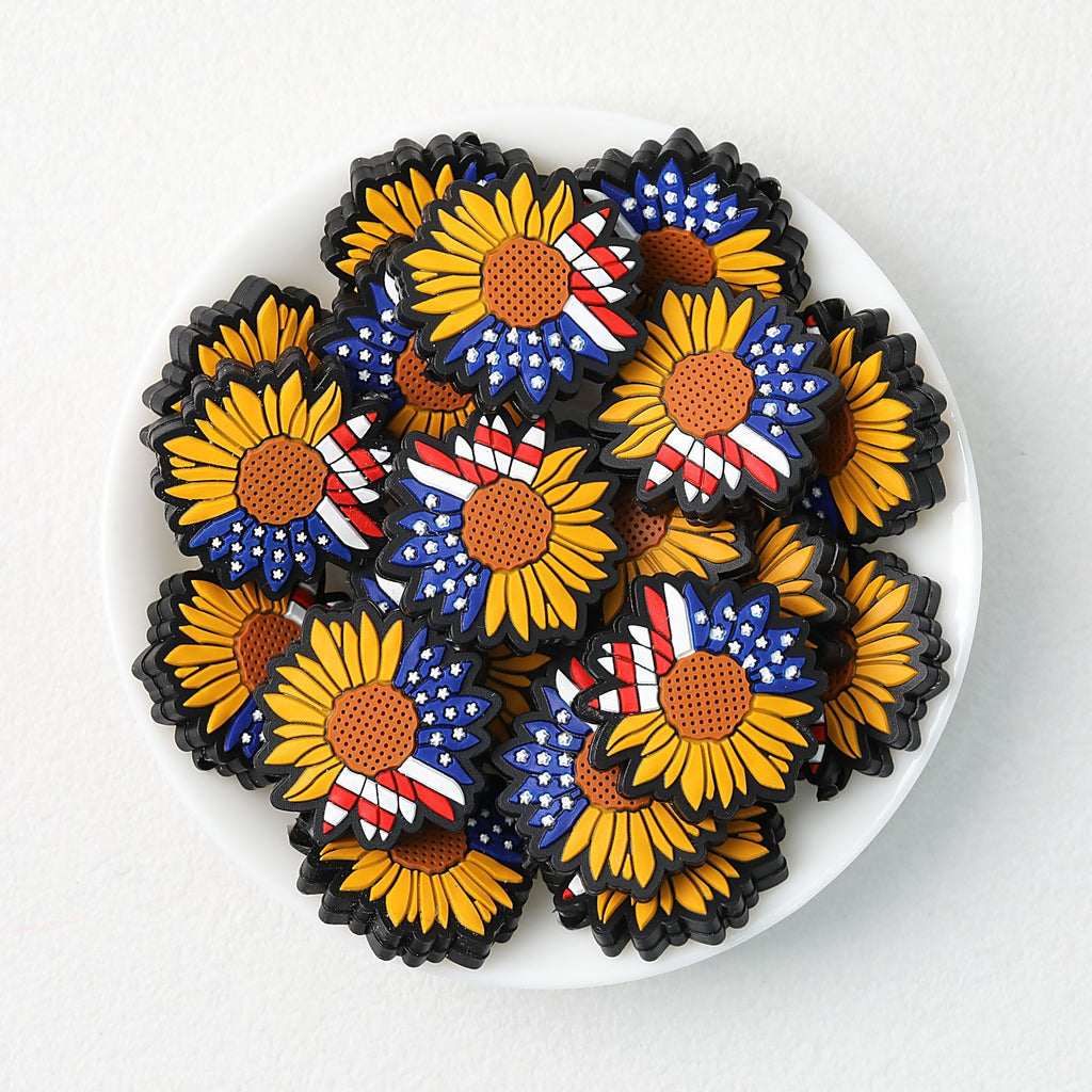 Patriotic Sunflower Silicone Focal Beads US Theme 20pcs