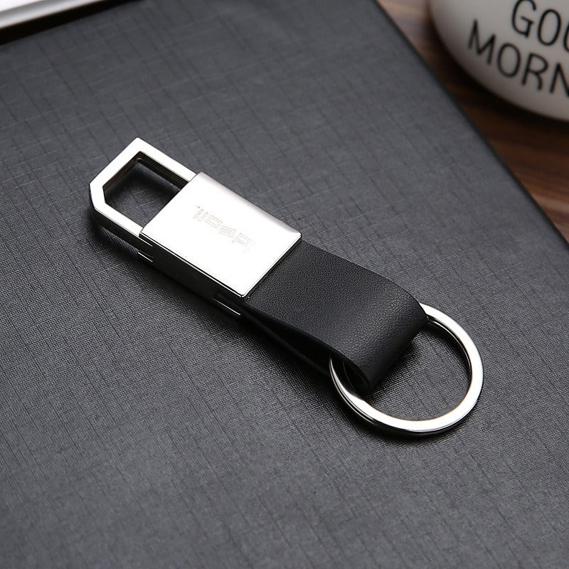Leather Bevel Pull Ring Keychain Black PU Leather Minimalist Design 2