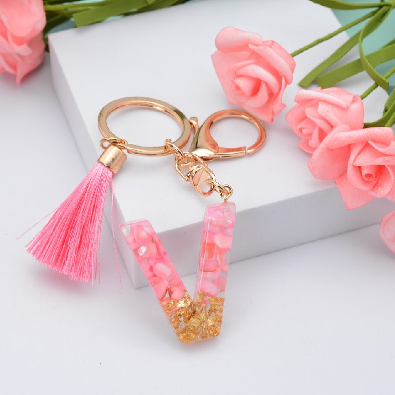 Resin Floral Pink Tassel Monogram Keychain Alphabet Letter A 22