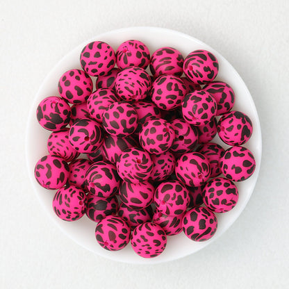 15mm Leopard Pattern Silicone Round Beads 50pcs - Purple Red Leopard