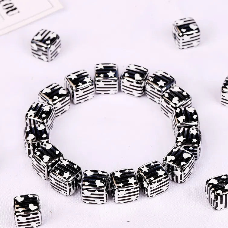 Striped Heart and Star Pattern Acrylic Square Beads 14mm 10pcs 2
