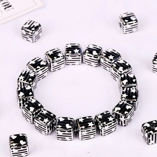 Striped Heart and Star Pattern Acrylic Square Beads 14mm 10pcs 2
