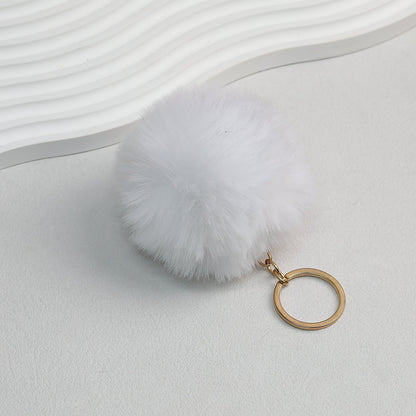 Pom Pom Keychain Plush Violet Faux Fur Ball Gold Ring 8cm - White
