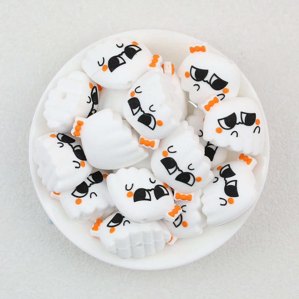 3D Ghost Silicone Focal Beads Wholesale, Halloween Big-Eye Orange Accents