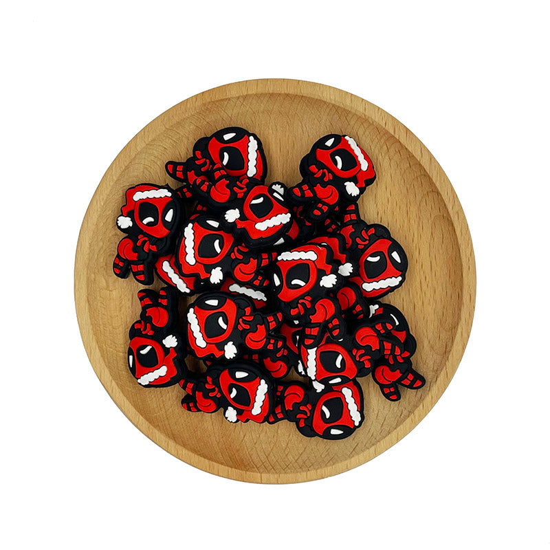 Silicone Focal Beads Christmas Deadpool Wearing Santa Hat 20pcs 2
