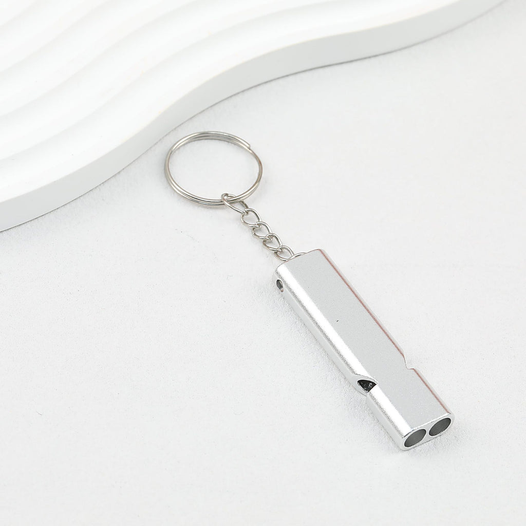 Survival Whistle Keychain Flat Aluminum Alloy Double Tube Self Defense - Silver