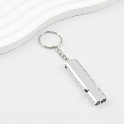 Survival Whistle Keychain Flat Aluminum Alloy Double Tube Self Defense - Silver