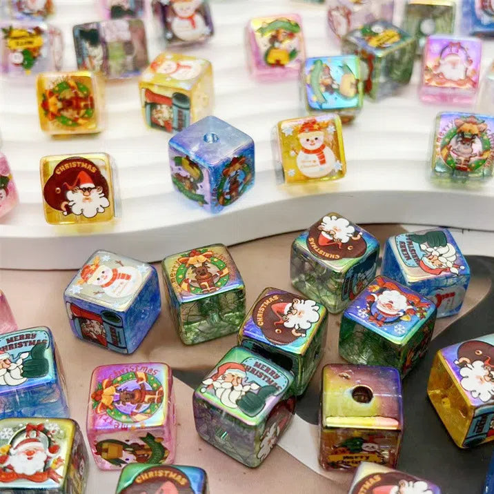 UV Plating Square Acrylic Beads 16mm Christmas Printed 10pcs