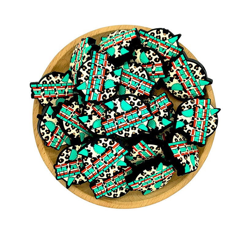 Silicone Focal Beads Mama Leopard Print Turquoise Tropical Leaf 20pcs 2