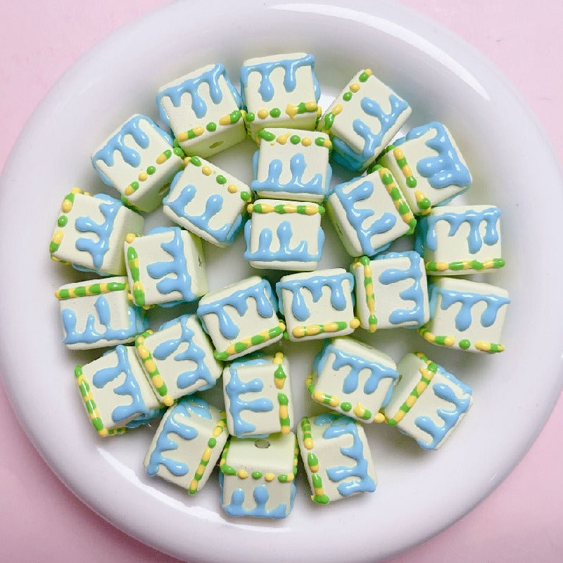 Hand Painted Cube Acrylic Beads 16mm Cream Dripping Icing 5pcs 16