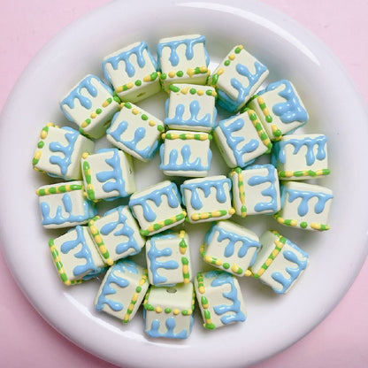 Hand Painted Cube Acrylic Beads 16mm Cream Dripping Icing 5pcs 16