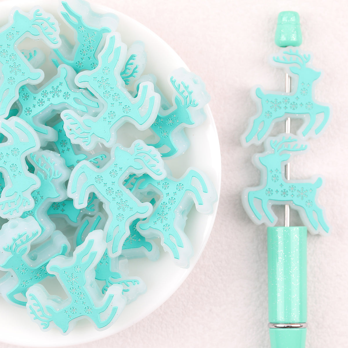 Christmas Reindeer Silicone Focal Beads Wholesale, Blue Snowflake Design