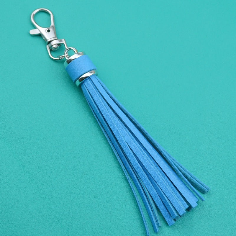 PU Leather Tassel Keychain 9cm Strips Silver Lobster Clasp 12