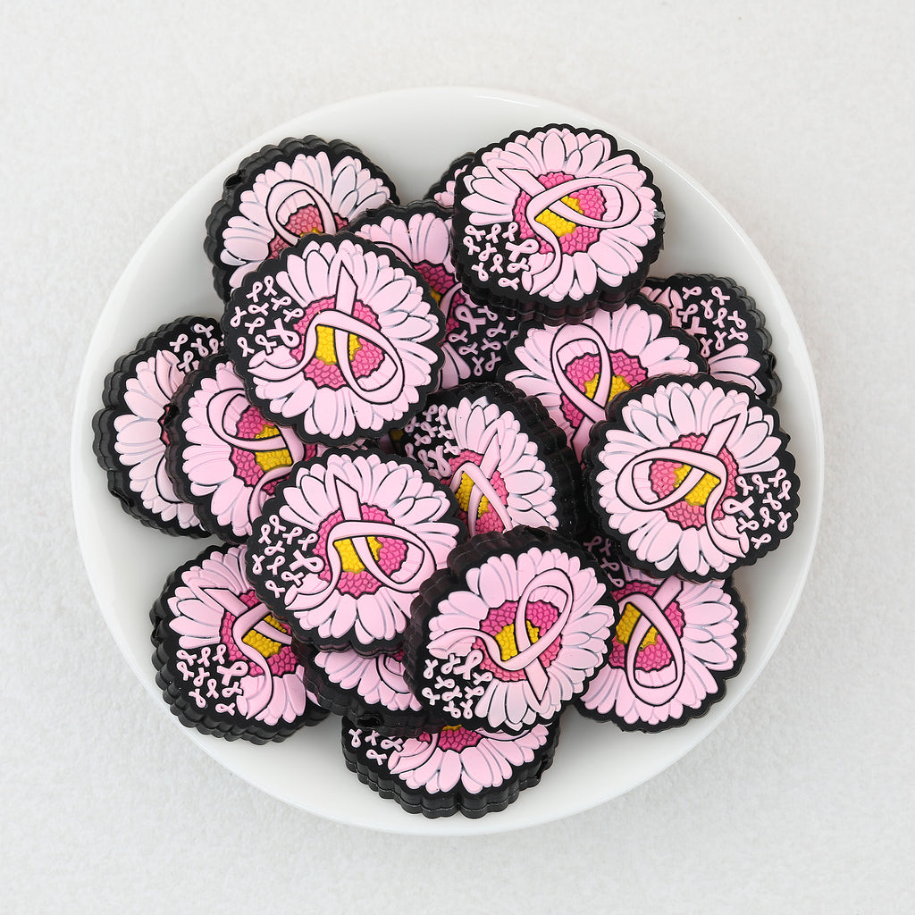  Pink Ribbon Flower Silicone Focal Beads 20Pcs 2