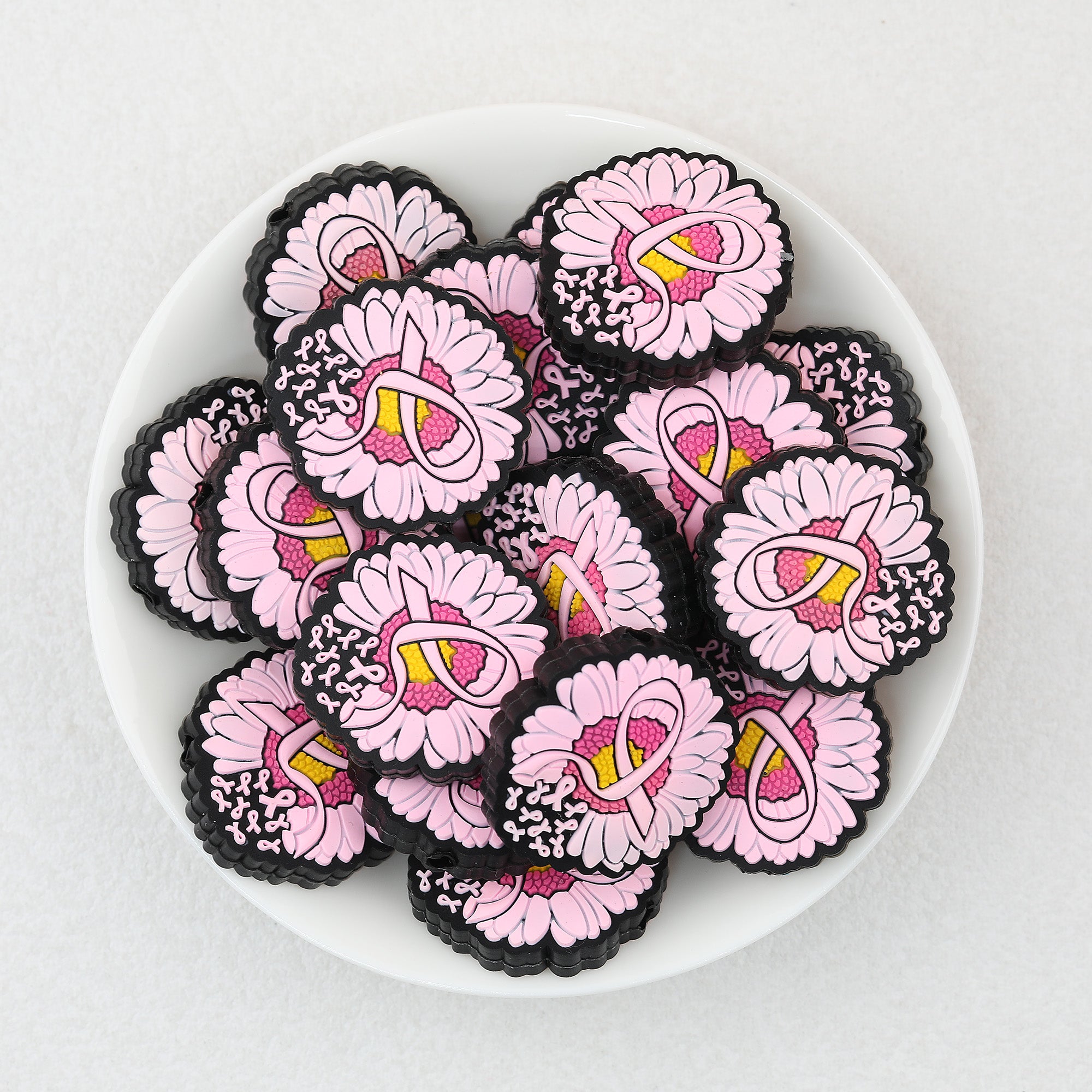  Pink Ribbon Flower Silicone Focal Beads 20Pcs 2