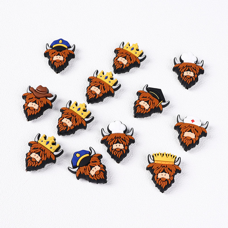 Silicone Focal Beads Highland Cattle Wearing Police Hat Crown 20pcs 7