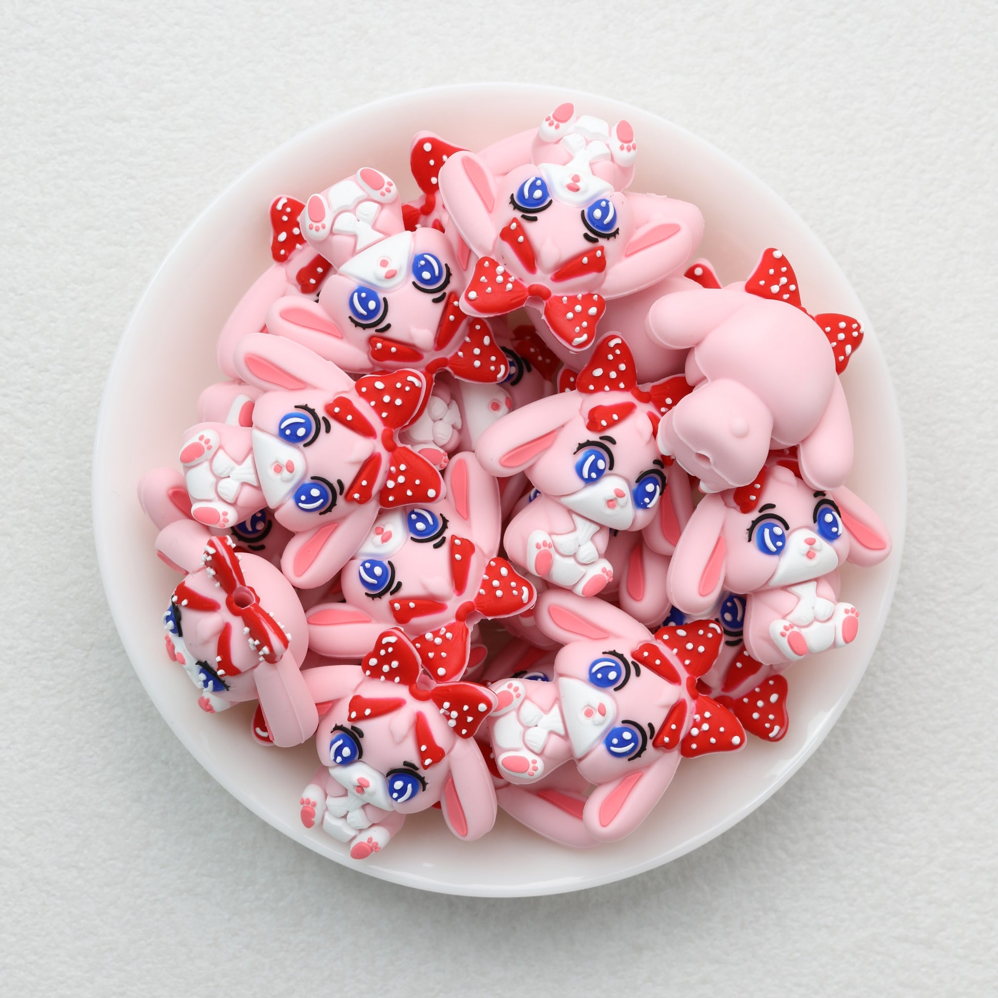 3D Pink Bunny Silicone Focal Beads with Red Polka Dot Bow 20pcs 2