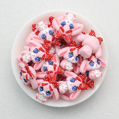 3D Pink Bunny Silicone Focal Beads with Red Polka Dot Bow 20pcs 2