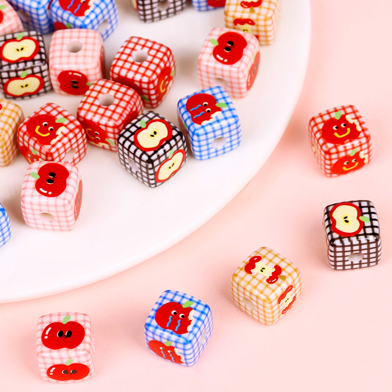 Cartoon Apple Plaid Square Acrylic Beads 14mm Colorful 10pcs