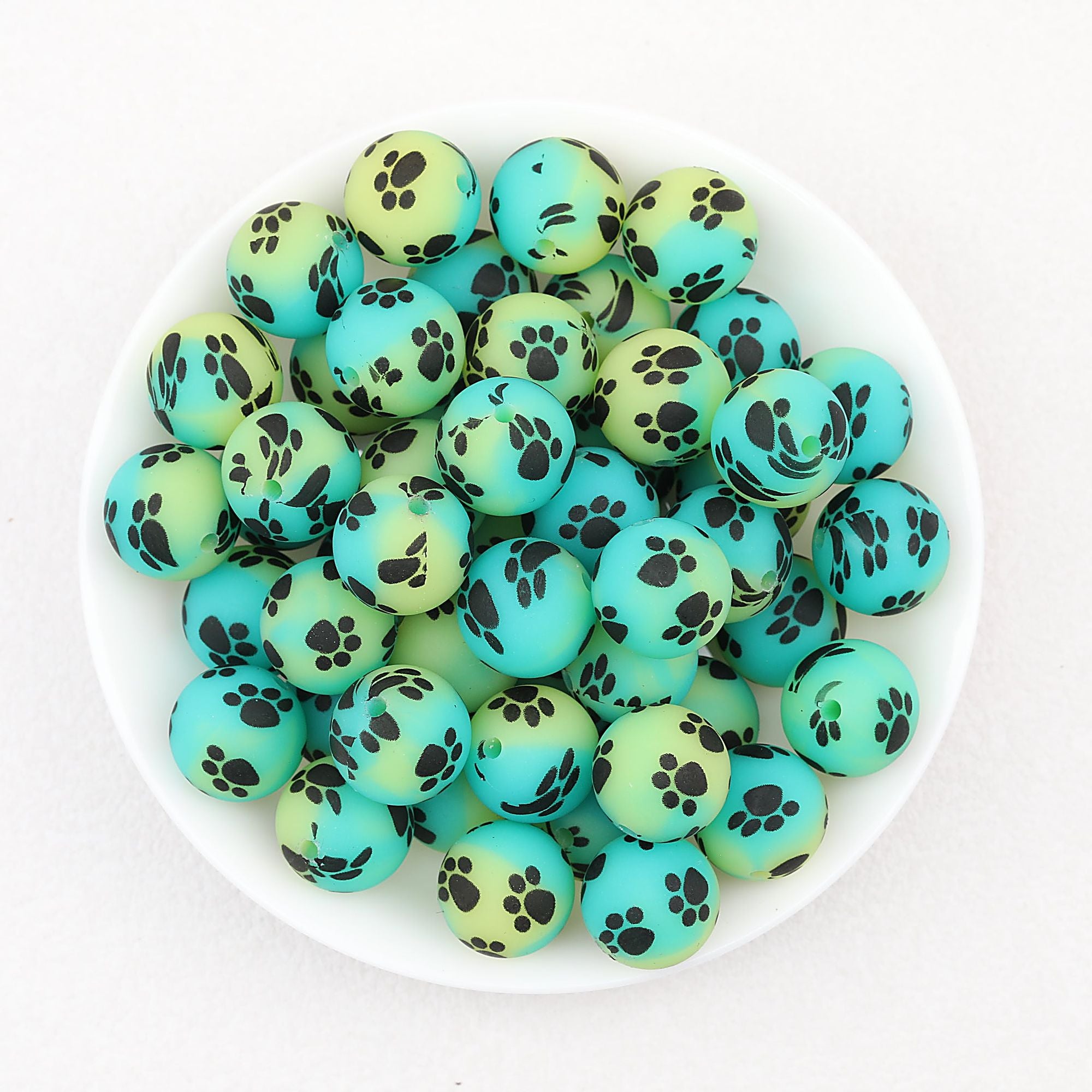15mm Printed Dog Paw Pattern Silicone Beads 50pcs - Blue Green